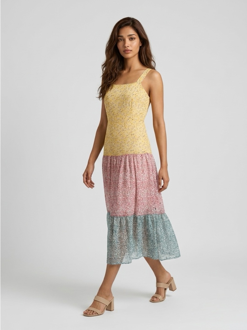Sam Edelman Yellow, Pink & Green Tiered Maxi Dress
